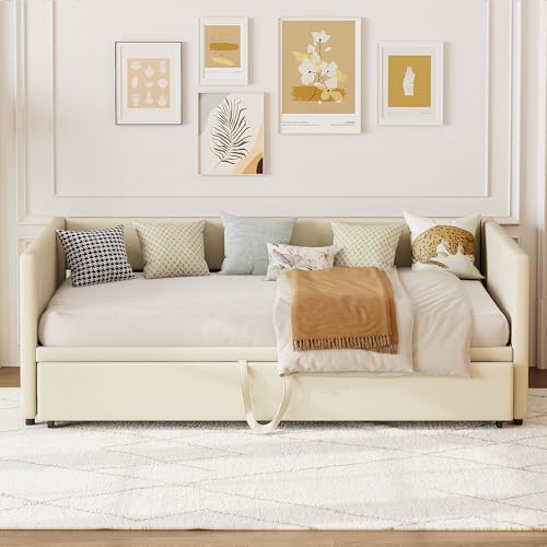 DULRLLY Bett Ausziehbar Schlafsofa 90/180x200 cm Klappsofa Tagesbett Klappbar Polsterbett mit Lattenrost Schlafcouch Bett für Wohnzimmer Kinderzimmer Schlafzimmer (Beige) – Bild 4