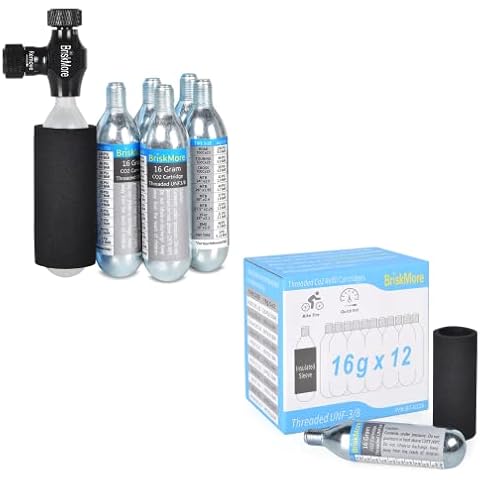 BriskMore CO2 Inflator Kits with 17PCS 16g CO2 Cartridges for Bike Tires,Presta and Schrader Valve Compatible,Bike Tire Pump for MTB and Road Bicycles,Included Insulated Sleeve Cover