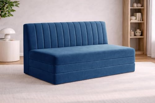 Image of Rosebell -3 Seater Upholstered Armless Sofa Cum Bed with Backrest | Velvet Fabric Finish | Modern Living Room & Bedroom -Blue