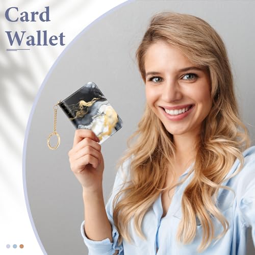Image of Credit Card Holder RFID Wallet for Women, Small Leather Card Organizer Case with Zipper and Keychain, Black Marble