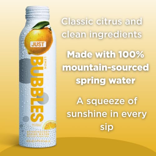 Image of JUST Bubbles Lemon - Pure Premium Sparkling Spring Water in a Fully Recyclable Reusable Eco-Friendly Bottle - 100% Mountain-Sourced Carbonated Water with Naturally Occurring Minerals, 16 Fl Oz (Pack of 12)