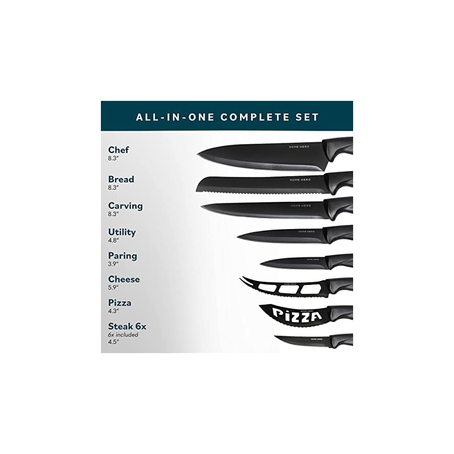 Home-Hero-17-pcs-Kitchen-Knife-Set-7-Stainless-Steel-Knives-6-Serrated-Steak-Knives-Scissors-Peeler-Knife-Sharpener-with-Acrylic-Stand-Black-Stainless-Steel Home Hero Kitchen Knife Set with Sharpener - High Carbon Stainless Steel Knife Block Set with Ergonomic Handles (20 Pcs - Black)