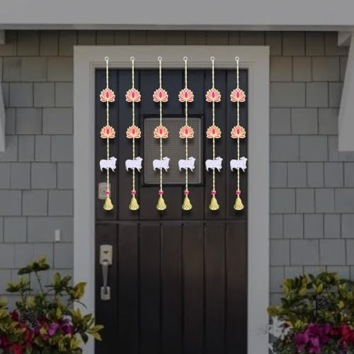 Image of Rajasthan Kraft Handmade Lotus Hanging, Pack of - 6, with Jali Bell, Beads, and MDF Cow, for Pom Pom, Size - 27 * 3 Inch, Perfect Used for - Home Decor, Festival & Wedding Decoration (36828-6)