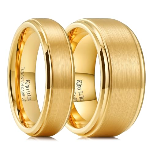 Image of King Will Tungsten Carbide Wedding Band for Men Women-4 /6 /8mm Width 14K Gold Plated Tungsten Wedding Ring Matte Brushed & High Polished Style Comfort Fit Wedding Band Size 6-14