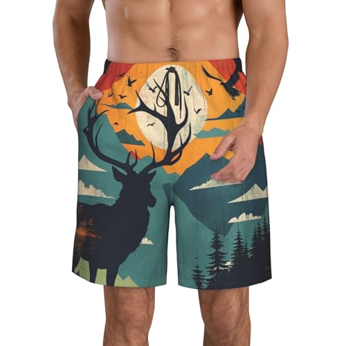 Men's Quick Dry Swim Shorts Deer Mountains Landscape Sunset Geometric Art Modern Beach Trunks with Pockets