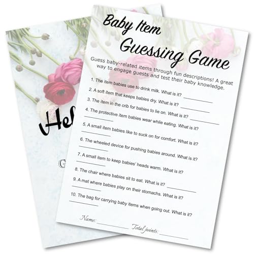 WENFLY Baby Shower Baby Item What is It Guessing Trivia Game Cards, 30 Pcs 5x7 Inch, Snow Rose Design, Ready to Play with Answer Keys (Items Guessing)
