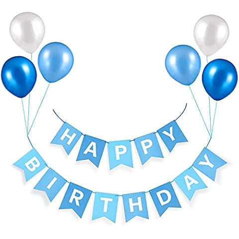 Happy Birthday Banner Blue, HCSSZ Large Size 16 X 20CM Birthday Bunting with 6 Balloons for Birthday Party Decorations and Any Ages's Party Supplies Cover