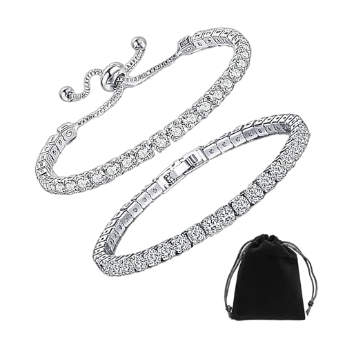 MEMOFYND 2 pulseras de diamantes blancos con circonita con 1 bolsa de franela, pulseras brillantes, pulseras ajustables, regalos de cumpleaños, joyas para mujeres y niñas, elegantes y simples (plata),