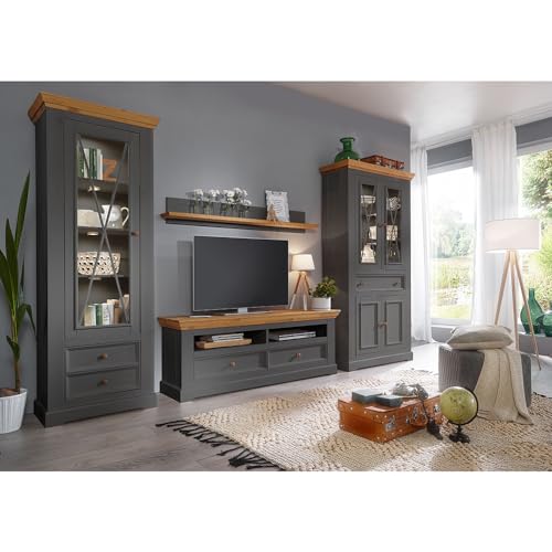 Lomadox Wohnwand TV-Wand Kiefer grau Eiche 4-teilig Landhausstil, 1 Vitrine, 1 Vitrinenschrank, 1 Lowboard, 1 Wandboard