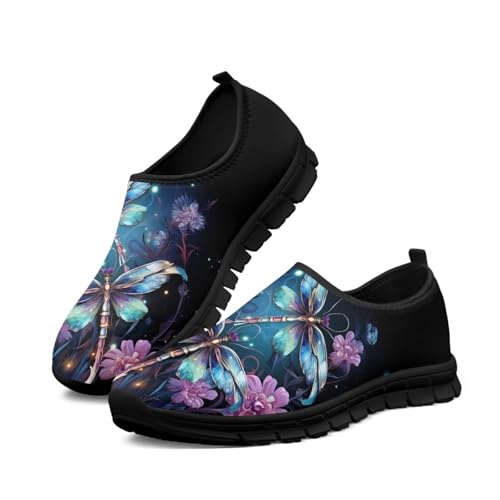 Butterfly Dragonfly Flower Print Women's Slip on Shoes Loafer Mesh Running Shoes Nurse Walking Sneakers Memory Foam Casual Sock Shoes for Camping
