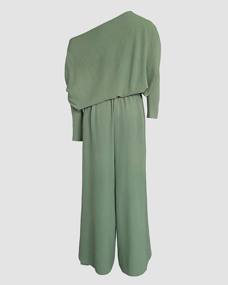 CHICME Women Summer 2 Piece Outfits Off Shoulder Batwing Sleeve Top Flowy Slit Wide Leg Pants Sets Trave Matching Set - Image 6