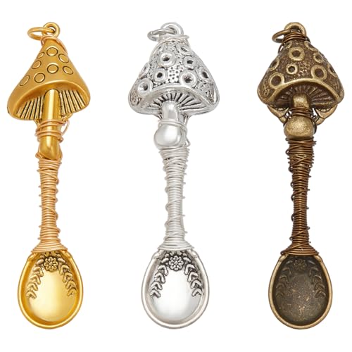 NBEADS 3 Pcs Alloy Mushroom Spoon Pendants, Wire Wrapped Necklace, Spoons for DIY Craft Jewelry Making 6.8cm Long