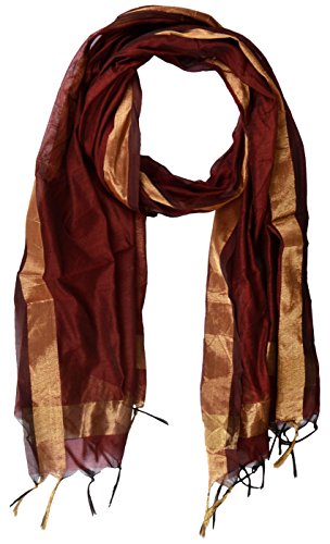 Image of YOUTHQUAKE Women's Chanderi Plain Silk Dupatta with Golden Border & Tassels
