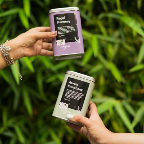 Image of 1950 Origins Combo Pack-Assam Symphony&Regal Harmony|100% Natural Loose Leaf Tea|Assorted Black Tea Gift Pack - Premium Assam & Long Leaf Darjeeling Tea|Rich,Strong & Fresh|Tin Caddy, 150 gm X 2