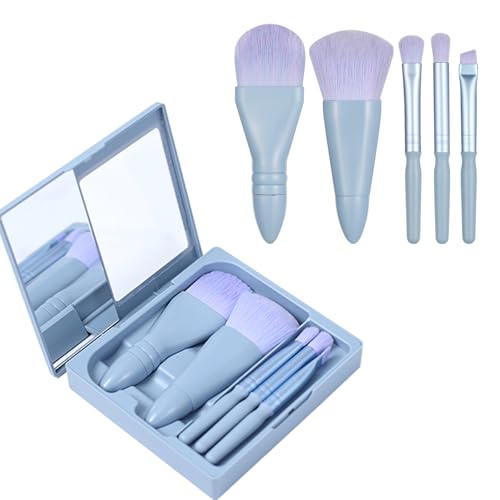 Set de Brochas de Maquillaje de Viaje Mini Set de Brochas de Maquillaje con Estuche y Espejo, Pequeño Kit Completo de Brochas Cosméticas Perfecto para Llevar (5PCS, Azul)