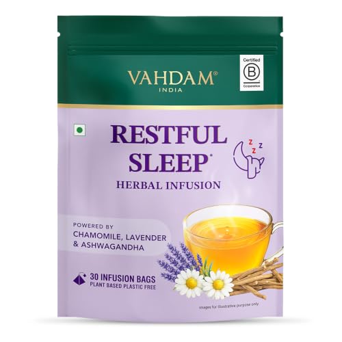Image of VAHDAM Restful Sleep Herbal Infusion | Promotes Deep Sleep & Helps with Insomnia, Snoring | Caffeine Free | 8-Herb Blend | 30 Tea Bags