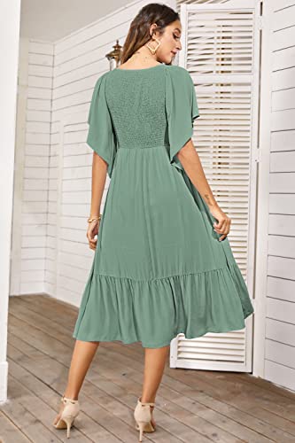Pygfemr Women's 2023 Summer Dresses Empire Waist Smocked Flutter Short Sleeve V Neck Midi Dresses Gray Green X Large #TOP2