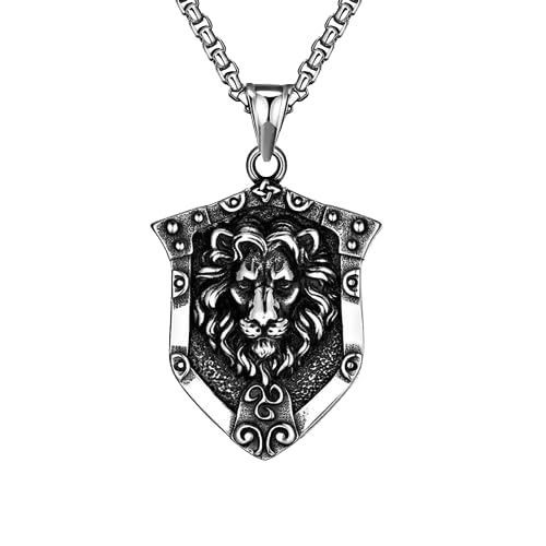 vien Lion shield pendant men's hip hop animal punk necklace jewelry for men Silver Plated Stainless Steel Chain-picture-13