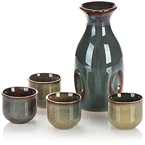 COM-FOUR® 5-delige sake-set, sakepot en 4 zakkopjes van keramiek, kunstzinnig geglazuurde sakervies voor sakeceremonies, steengoed in Japanse stijl [selectie variet] (5-delige zakset)