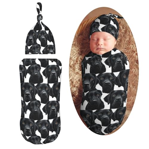 Image of Cute Labrador Lab Dog Newborn Swaddle Blankets Hat Sets Soft Baby Receiving Blanket Swaddle Sack for Baby Shower Infant Boy Girl Gift