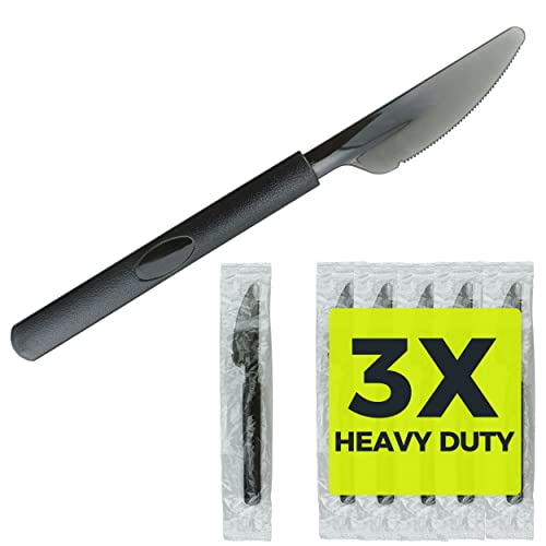 3X Heavy Duty Plastic Knives Individually Wrapped Sturdy Like Silverware 100 Pack Black Disposable Plastic Knives Bulk Packaged To-Go Utensil Set Perfect for Restaurant Take Out and Catering.