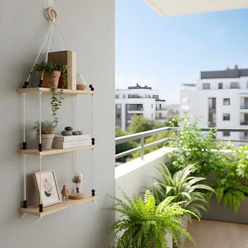 Image of 3Tier Hanging Shelf with Magic Hook, Use Decor Plants, Books, Decorative Gift Items Nursery Livingroom Wooden Beads & Ring Woven Bohemian Chic for Dorm