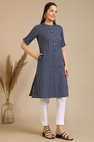 Image of Aurelia Women's Blue Striped Pure Cotton Mandarin Collar Straight Kurta