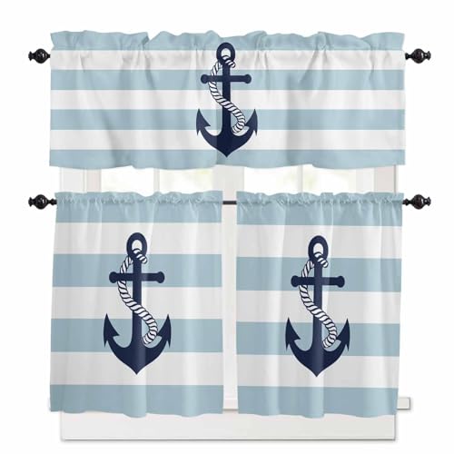 Aqua Stripe Nautical Kitchen Curtains 36 Inch Length, 3 Piece Rod Pocket Small Half Tiers and Valance Set, Navy Blue Anchor Summer Coastal Small Large Window Treatment Decor for Bedroom/Bathroom Sink