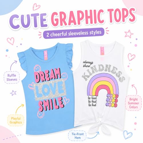 Image of Dreamstar Girls 4 Piece Outfit Set - Sleeveless Graphic Top with Dolphin Shorts, Cute Summer Matching Set for Kids and Tweens
