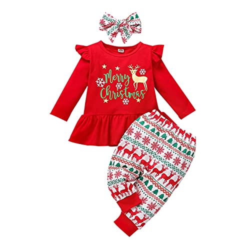 DAY8 Vetement Garcon Hiver Pas Cher Combinaison Pyjama Fille Automne Habit Ensemble Bebe Fille Cadeau Noel Grenouillere Body Fille Enfant Manche Longue + Pantalons + Bandeau (80(0-1 Ans), Rouge) Cover