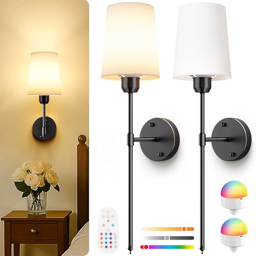 Image of Battery Operated Wall Sconces Set of 2, Black, 15 RGB, 23 Inch | Dimmable, Renter Friendly, Rechargeable Magnetic Bulbs, Remote, Cordless Wall Lights for Living Room, Bedroom, Hallway
