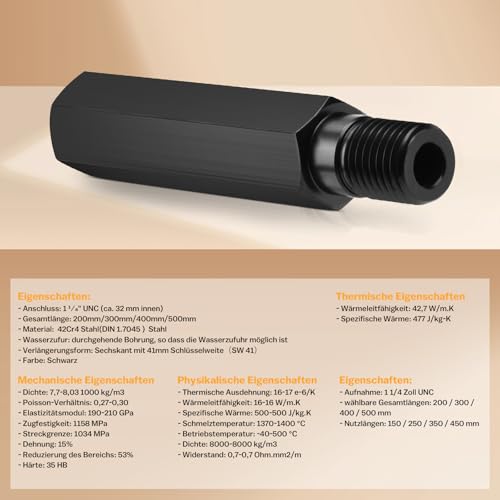 Anschluss UNC 1 1/4 Zoll 400mm Bohrkronen Verlängerung Nutzlängen 350mm Aufnahme aus 42Cr4 Stahl für Diamant Bohrkrone Kernbohrer Kernbohrkrone Diamantbohrkrone (1 Stück)