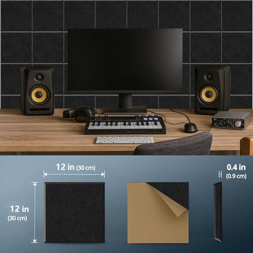 Paneles Acústicos HONORIA Autoadhesivos para Pared, Paneles Decorativos Absorbentes de Sonido para Estudio de Grabación y Hogar 12x12x0.4 Pulgadas, Paquete de 18 (Negro) miniatura 2