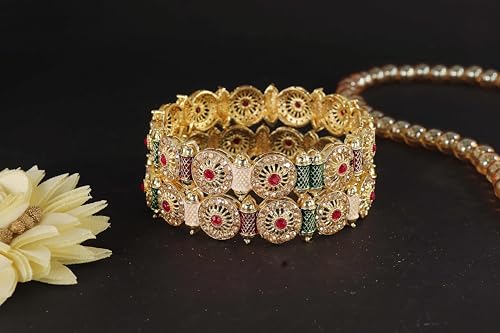Image of NMII Royal Golden Metal Bangles Set For Women & Girls with Zircon Diamond Stone | Traditional Gold Plated Kangan Set | Fancy Women's Fashion Jewellery Bangles | Wedding, Party, Festive- Set of 2