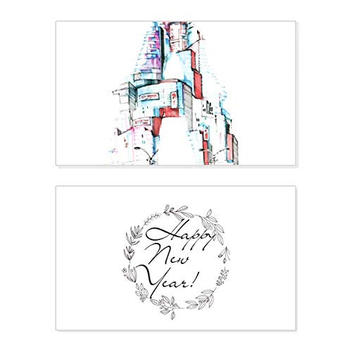 Tarjeta de año nuevo Street Modern Building con mensaje de bendición y felicitación navideña