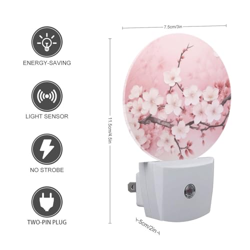 Image of Round LED Night Lights Lamp with Dusk to Dawn Sensor, Delicate Pink Background with Cherry Blossoms Night Light Plug Into Wall for Kids Room, Bedroom, Bathroom, Kitchen, Hallway