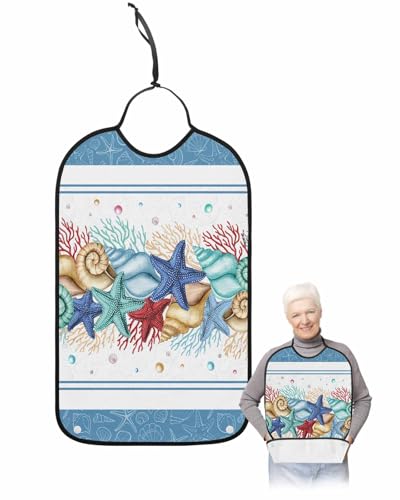 LEOKOTI Blue Coastal Adult Bibs for Eating, Waterproof Bibs with Food Catcher & Adjustable Snap Closure, Nautical Starfish Coral Shell Beach Ocean Washable Clothing Protectors Adult Bibs for Elderly