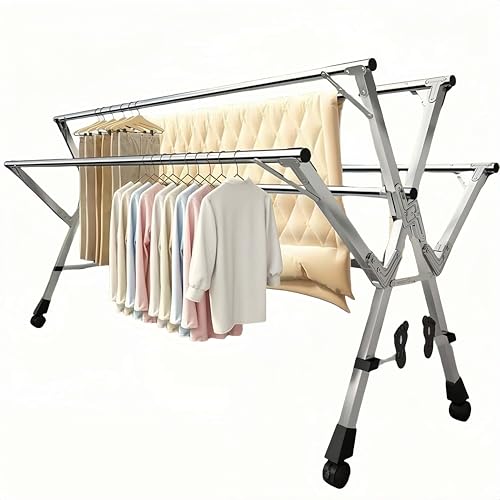 FOGUO 5Poles Clothes Drying Rack, Portable Drying Rack Clothing, Blanket Rack Clothesline with 20 Windproof Hooks for Indoor/Outdoor Use