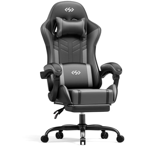 HLFURNIEU Silla Gaming con Masajeador, Silla Gamer con Cojín Lumbar Masajeador y Reposapiés, Sillón Gamer Ergonómica Altura Ajustable, Cadeira Gaming Negro y Gris