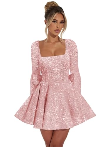 Sparkly Sequin Homecoming Dresses for Teens Long Sleeve Short Cocktail Prom Party Gown with Bow3