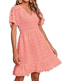 BTFBM Womens Beach Vacation Dress Summer 2026 V Neck Short Sleeve Smocked Swiss Dot Ruffle Casual Spring Mini Dresses(Orange Pink, Small)