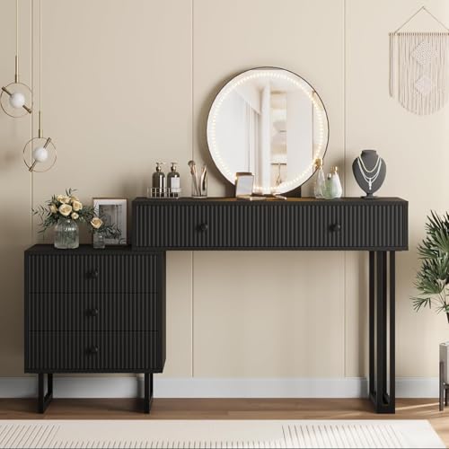 Black Vanity Desk with Mirror and Lights, Makeup Vanity with 5 Drawers for Bedroom, Modern Makeup Vanity Organizer with 3 Color Lights&Adjustable Brightness