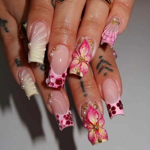 24pcs Summer Press on Nails Medium Coffin Fake Nails with Starfis...