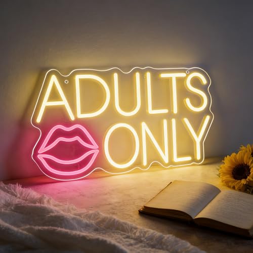 Image of Adults Only Neon Sign with Lips, Warm Yellow and Pink LED Neon Light for Wall Decor, Dimmable Sexy Signs for Home Bar, Club, Man Cave, Bachelor Party, Bedroom, Apartment Aesthetic Art (10.4 inch x 16.5 inch)