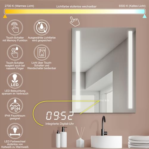 HOKO LED Badspiegel 50x70 cm. Mit Uhr + ANTIBESCHLAG SPIEGELHEIZUNG. Design Bad Spiegel mit Beleuchtung. + LED Wechsel - Warmweiß… – Ansicht 2