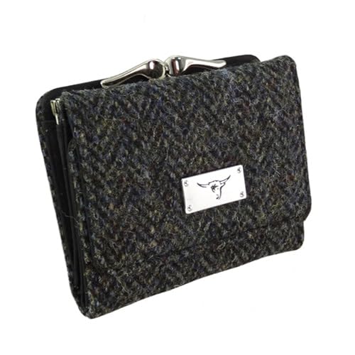 Image of Glen Appin Harris Tweed 'Unst' Small Purse in Deep Pink Tartan Wallet Birthday Gift (Charcoal Herringbone)