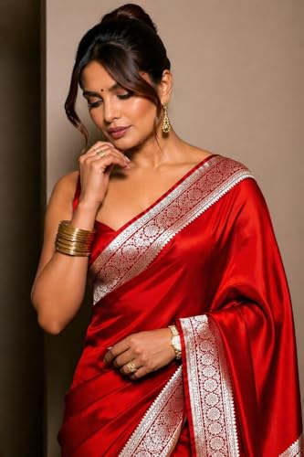 Image of Women's Glory Womens Satin Saree with Silver Woven Border | Elegant Plain Glossy Silk Saree for Party, Wedding, Reception & Festive Style with Unstitched Blouse Piece