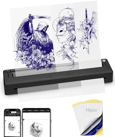New Tattoo Stencil Printer - Fits A4-A8 Width Thermal Paper, Portable Wireless Bluetooth Thermal Tattoo Kit, Includes 10 Transfer Papers, for Artists & Beginners, Phones/Tablets/PC - Black
