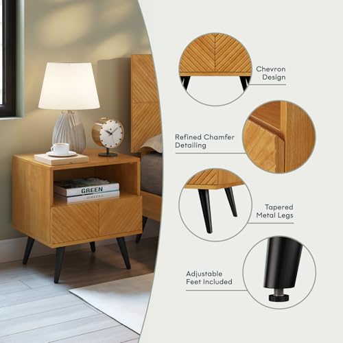 Image of Bme Rhombus Wooden Nightstand with Storage Drawer - Solid Rubber Wood, Geometric Rhombus Pattern Front, Modern Scandinavian Side Table with Metal Base for Bedroom