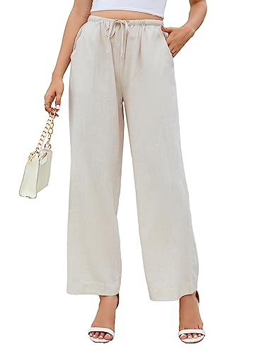Famulily Women Wide Leg Pants for Summer Cotton Linen High Waisted Tie Up Solid Casual Baggy Palazzo Beach Yoga Trousers with Pockets Apricot M